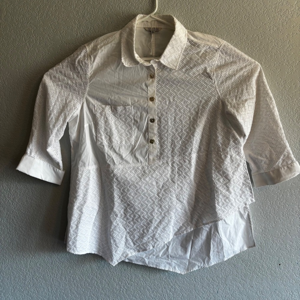 John Mark White Cotton Eyelet Asymmetrical Button Popover Top XL Shirt Coastal
